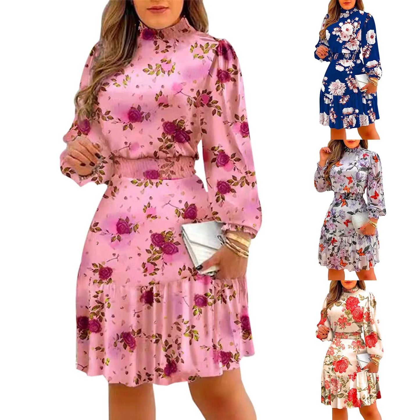 Floral Print Ruffle Turtleneck Maxi Dress