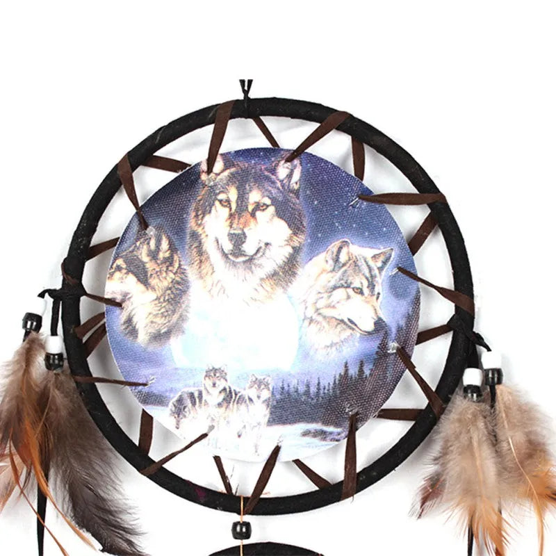 Wolf Dream Catcher with Brown Feathers and Beads