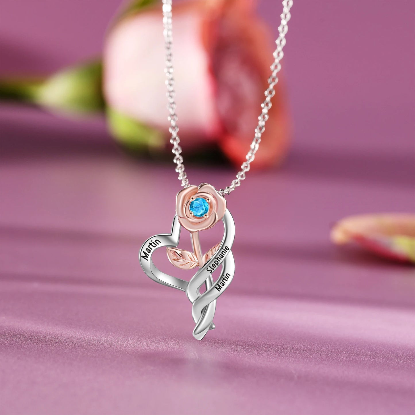 Personalized Rose Flower Pendant with Birthstone