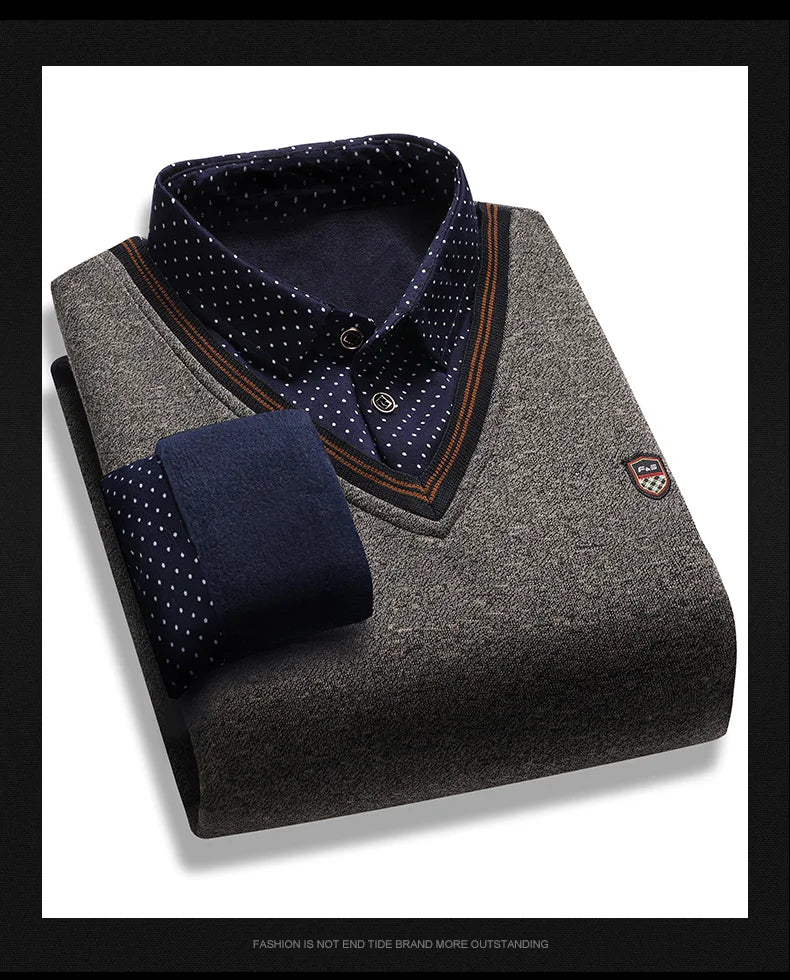 Men’s Plush Knitted Fake Two-Piece Sweater