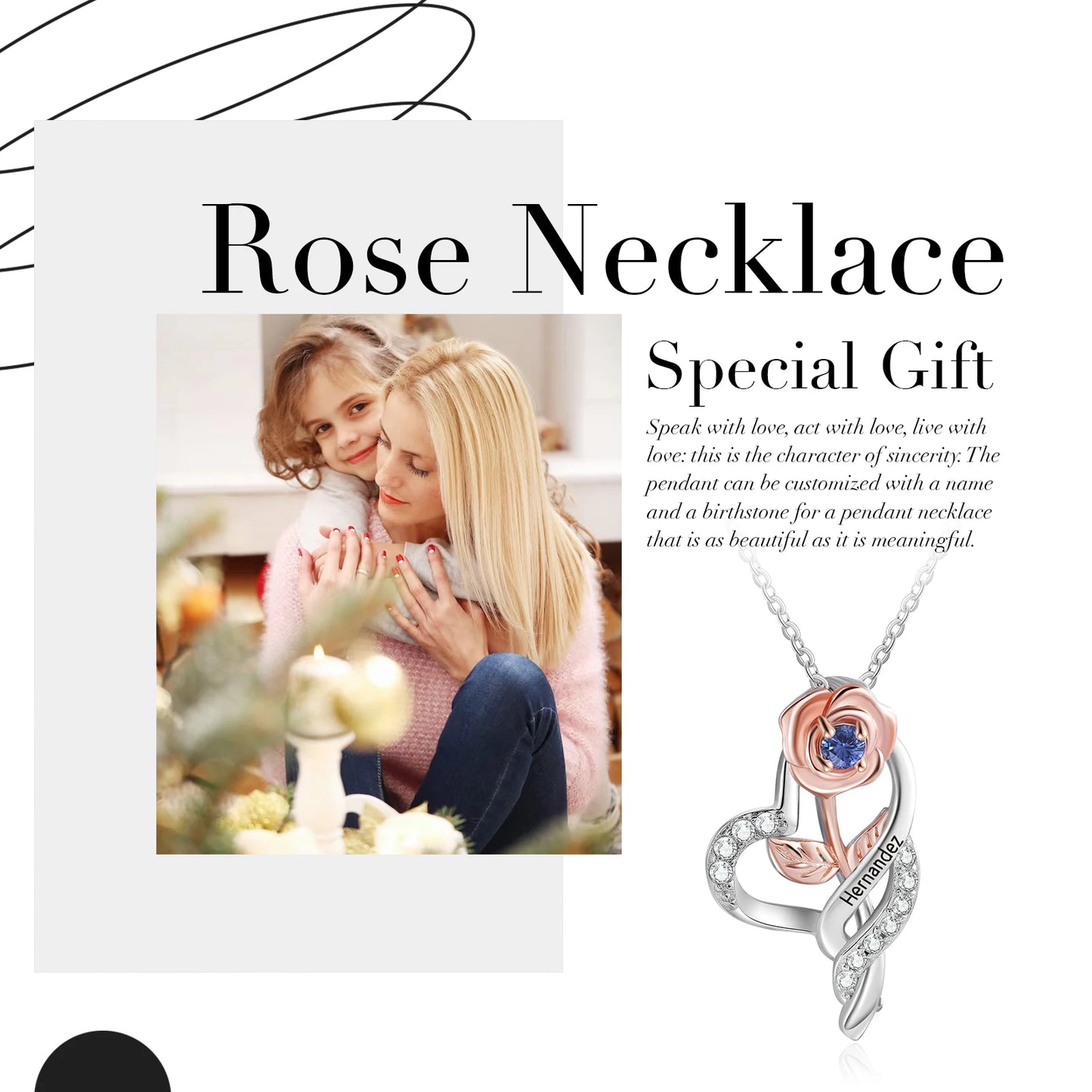 Personalized Rose Flower Pendant with Birthstone