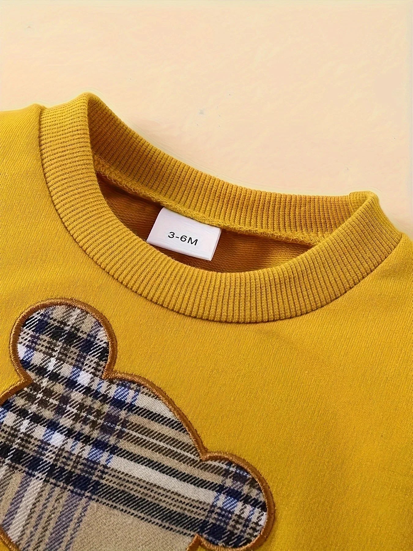 Plaid Teddy Bear Patch Embroided Long Sleeved Set Pullover