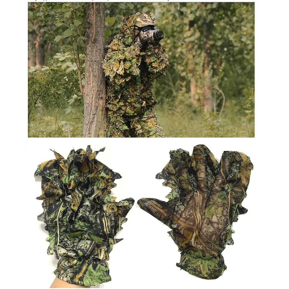 Hunting Ghillie Gloves & 3D Bionic Leafy Camouflage Headwear – Perfect for Jungle Wildlife Photography & Turkey Hunting