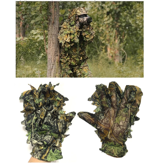 Hunting Ghillie Gloves & 3D Bionic Leafy Camouflage Headwear – Perfect for Jungle Wildlife Photography & Turkey Hunting