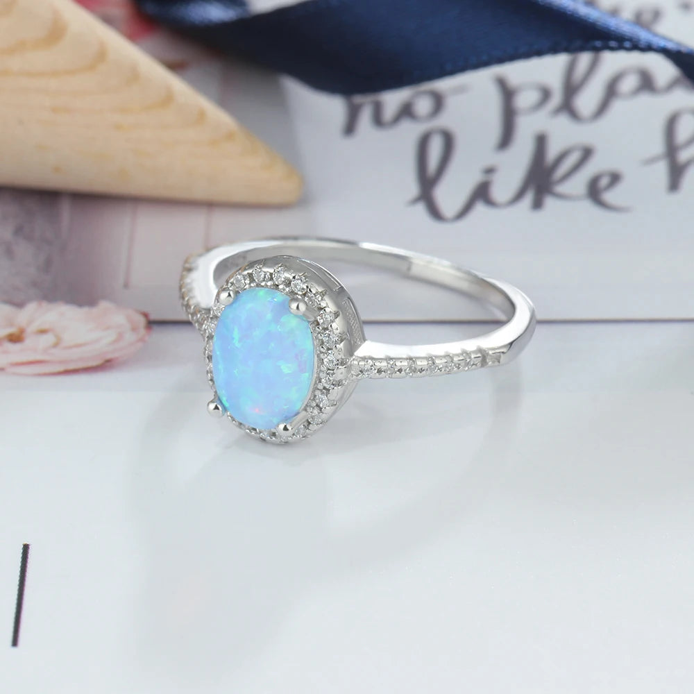 925 Sterling Silver Promise Ring with Blue Opal Stone