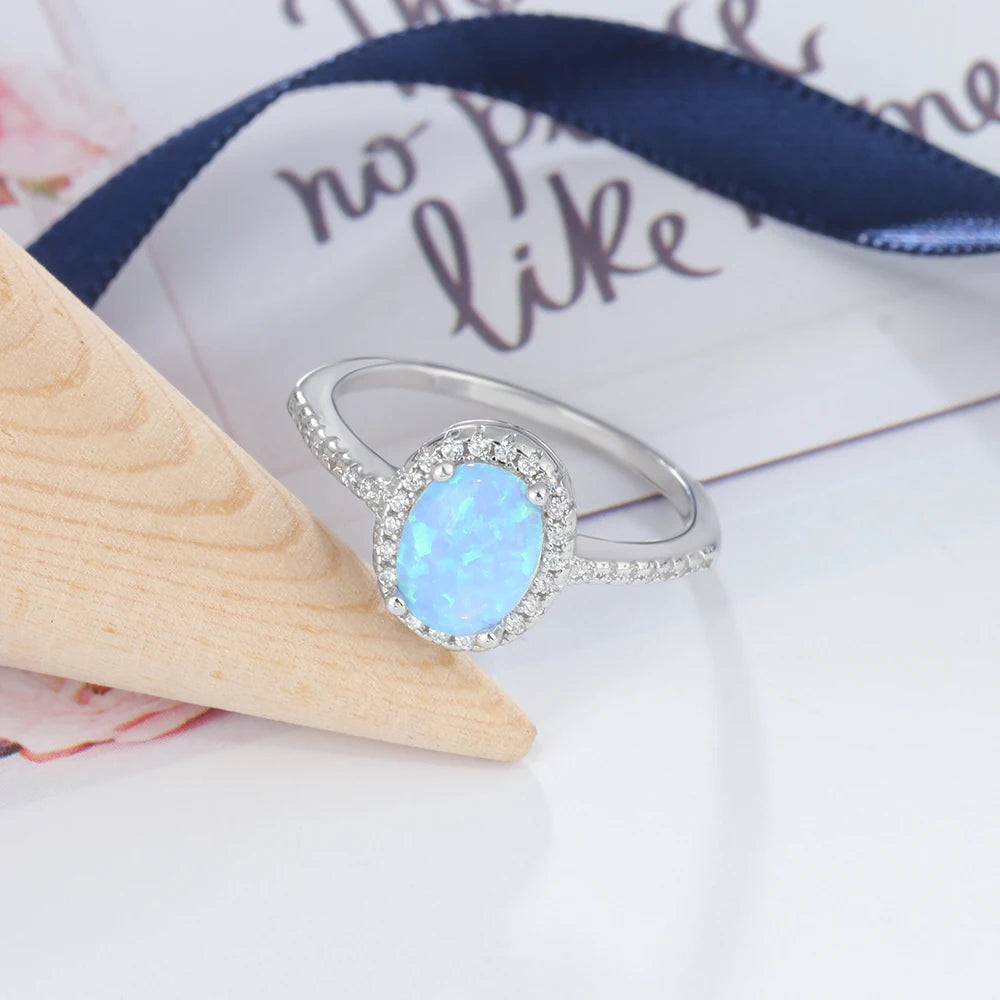 925 Sterling Silver Promise Ring with Blue Opal Stone