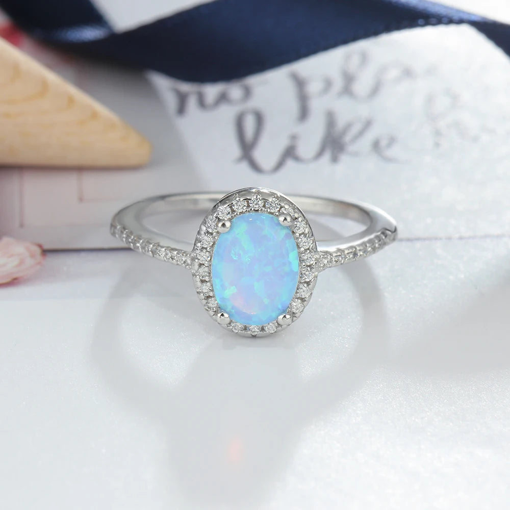 925 Sterling Silver Promise Ring with Blue Opal Stone