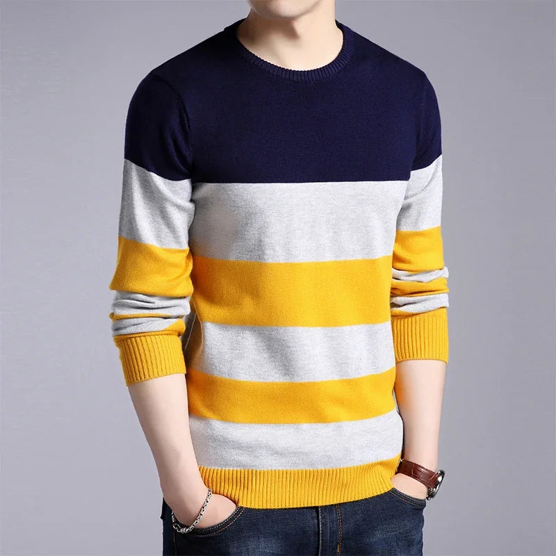 New Men's Casual Striped Long-Sleeved Knitted Shirt