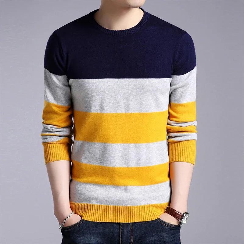 New Men's Casual Striped Long-Sleeved Knitted Shirt