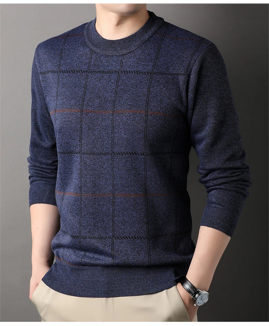 Men’s Solid Color Pullover Sweater with Added Velvet