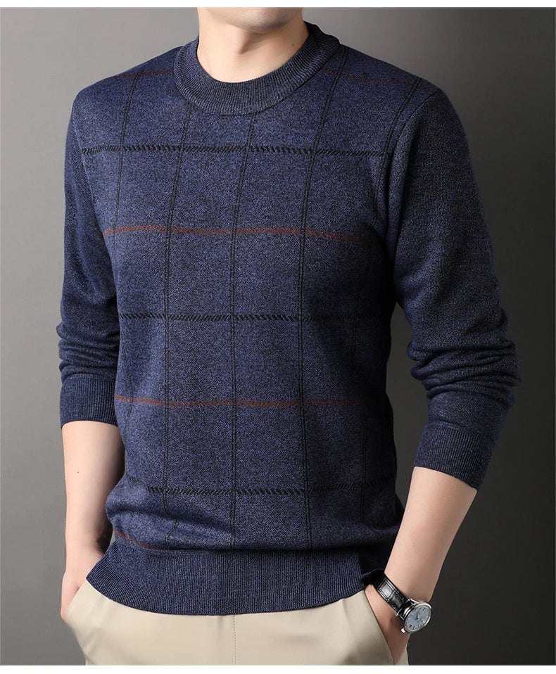 Men’s Solid Color Pullover Sweater with Added Velvet