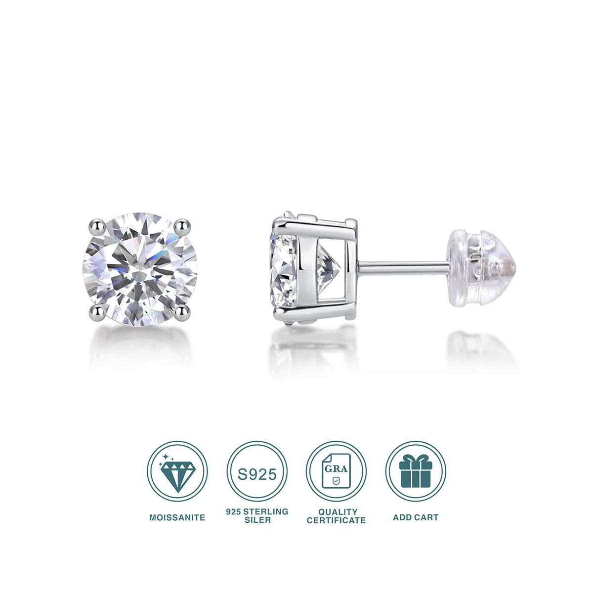 925 Sterling Silver Moissanite Round Earrings