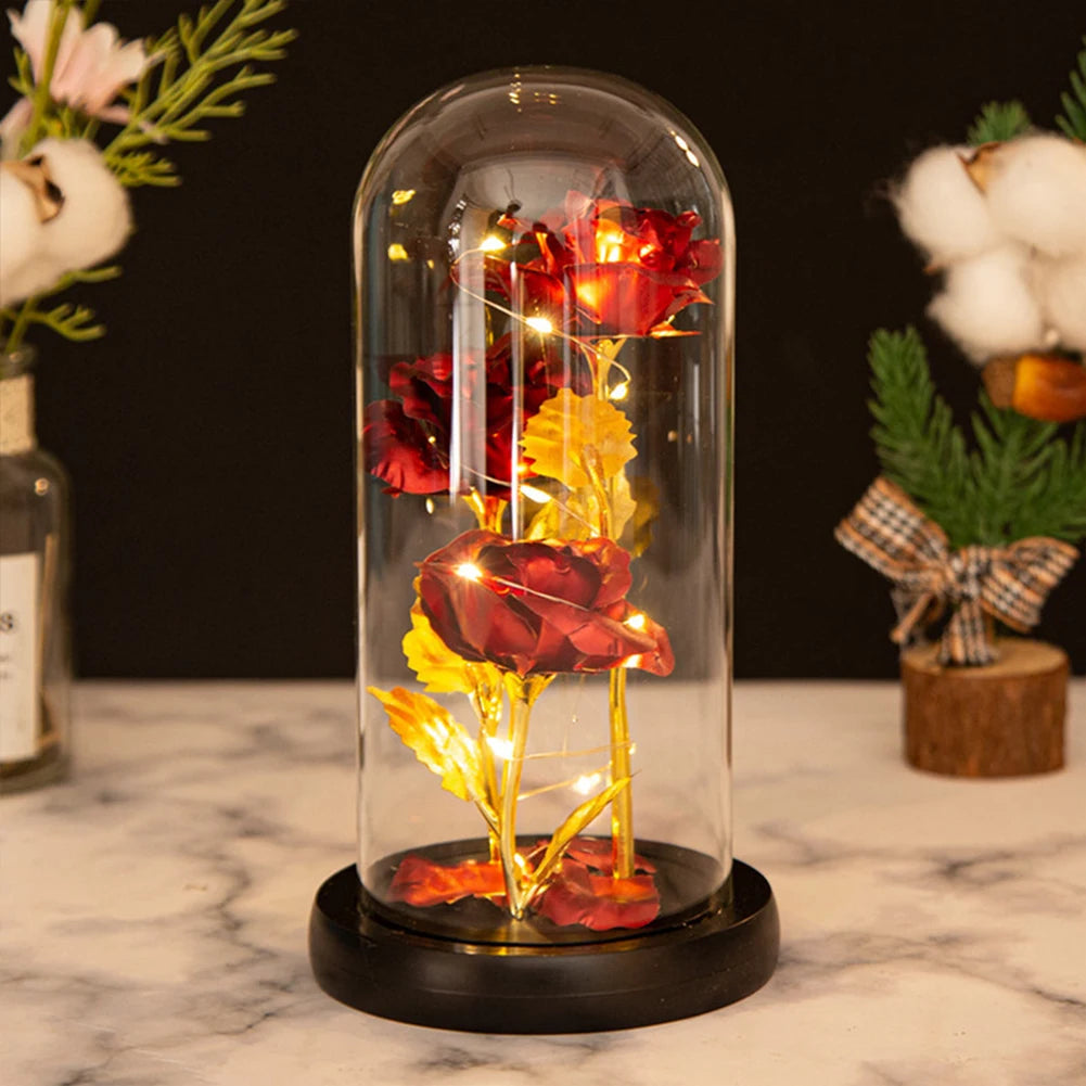 Artificial Flowers 3 Flowers with Gold Leaf Coastal Glass Roses Bright LED Night Light