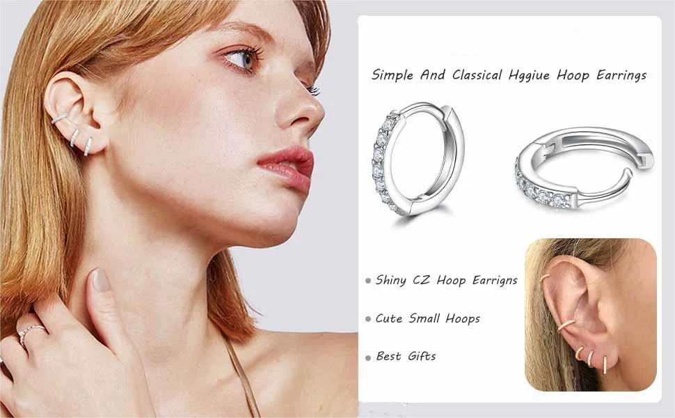925 Sterling Silver Small Hoop Earrings Zirconia Huggie