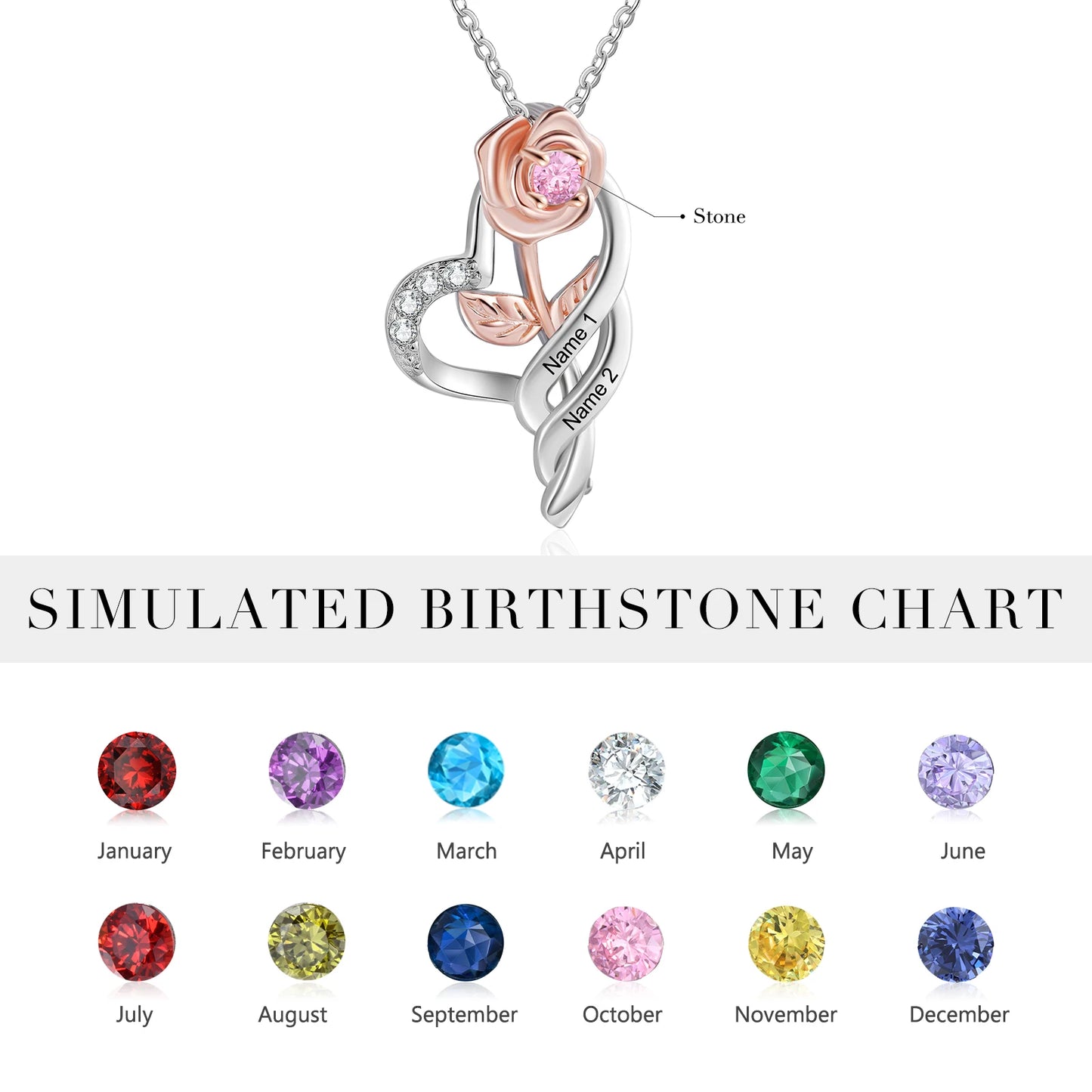 Personalized Rose Flower Pendant with Birthstone