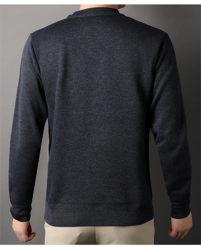 Men’s Solid Color Pullover Sweater with Added Velvet