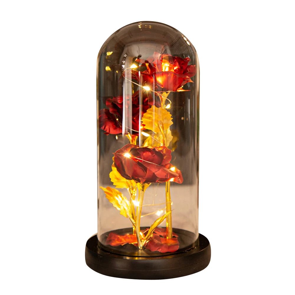 Artificial Flowers 3 Flowers with Gold Leaf Coastal Glass Roses Bright LED Night Light