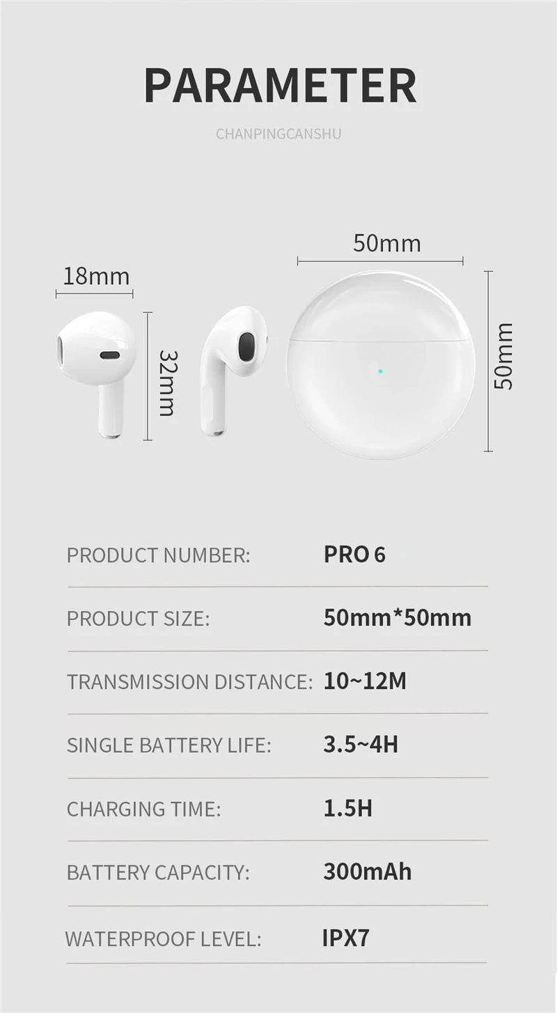 Pro6 Bluetooth Wireless Earphones