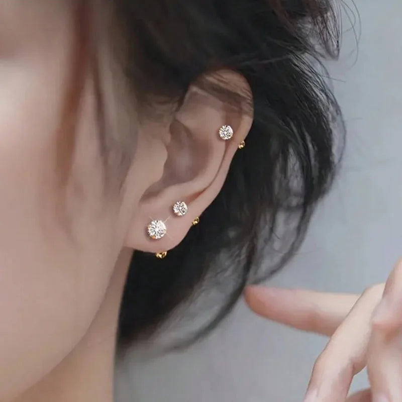 3 Pairs Classic Round Zirconia Stud Earrings for Women