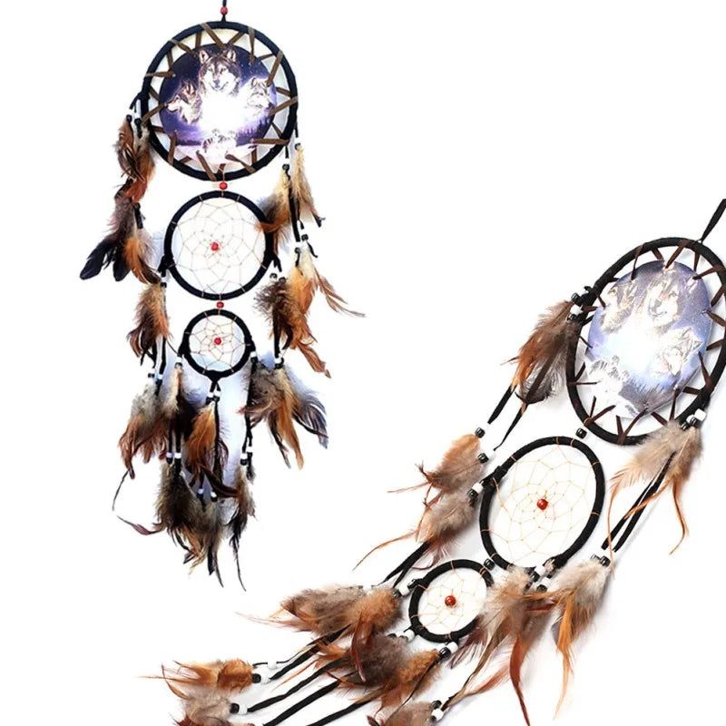 Wolf Dream Catcher with Brown Feathers and Beads
