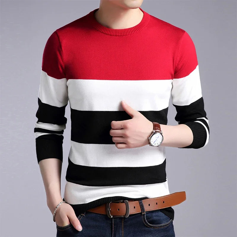 New Men's Casual Striped Long-Sleeved Knitted Shirt