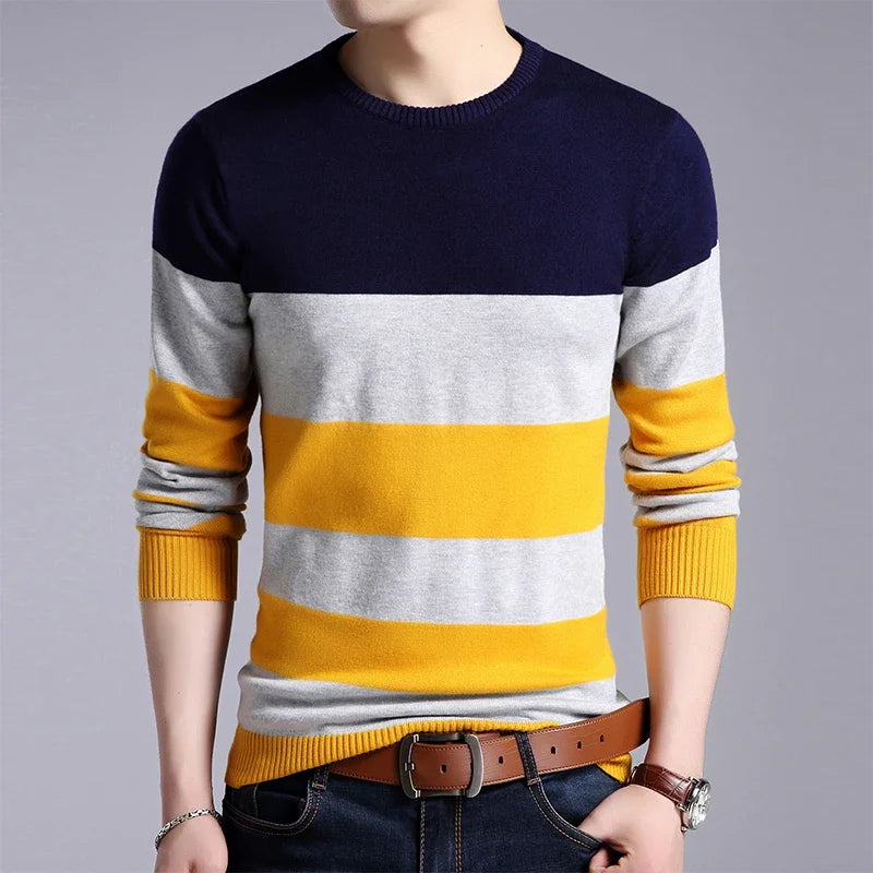 New Men's Casual Striped Long-Sleeved Knitted Shirt