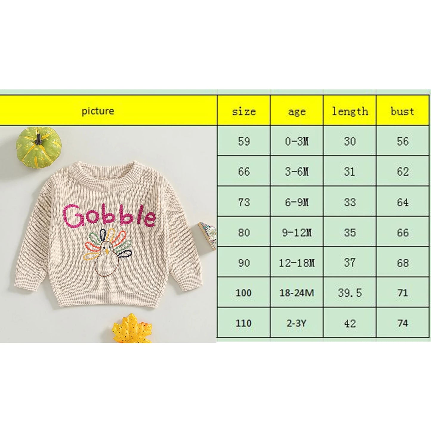 Infant Pullover Embroidery Turkey Sweater Jumper