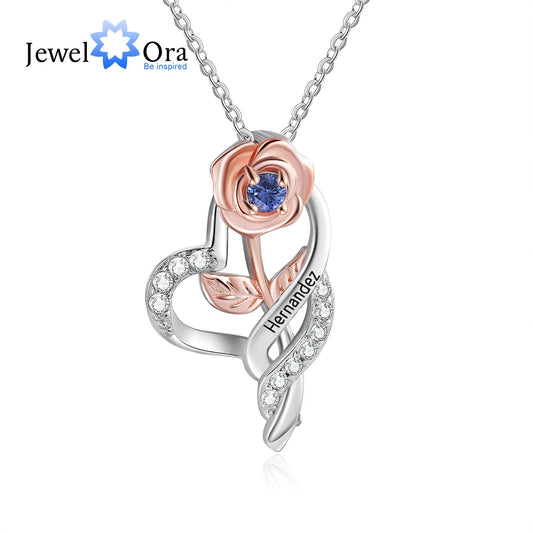Personalized Rose Flower Pendant with Birthstone