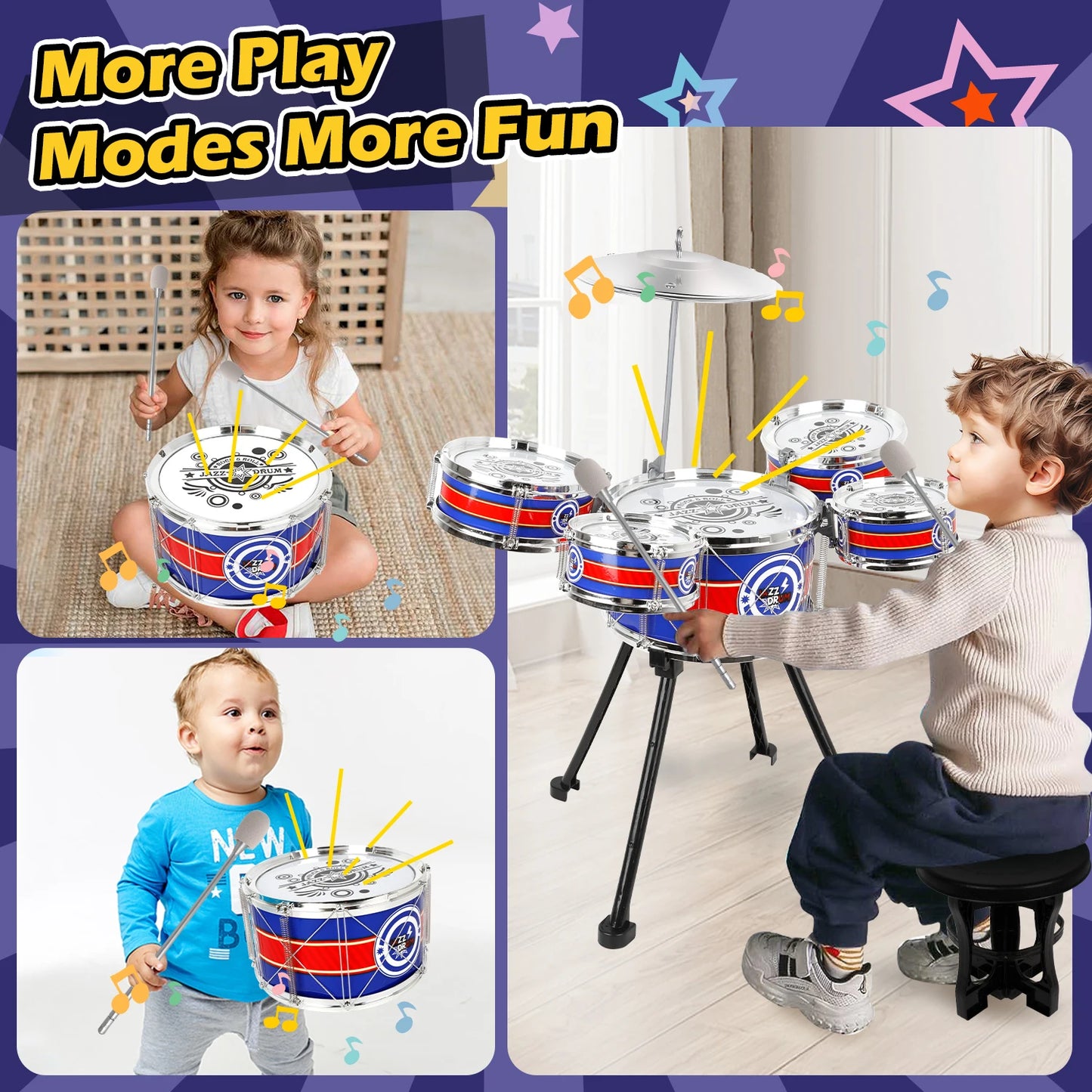 Jazz Drum Set for Children Beginners with Stool & 5 Drums