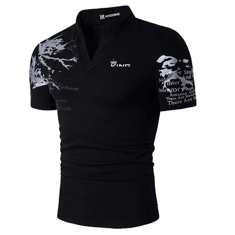 Men's Graphic Print V-Neck Polo Shirt – Golf & Streetwear