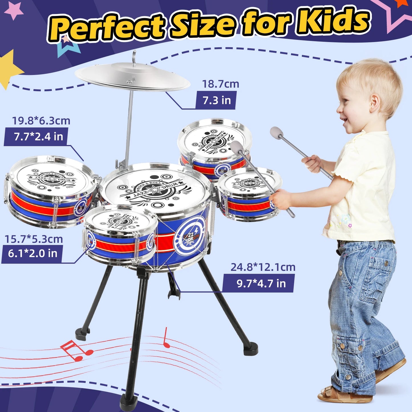 Jazz Drum Set for Children Beginners with Stool & 5 Drums