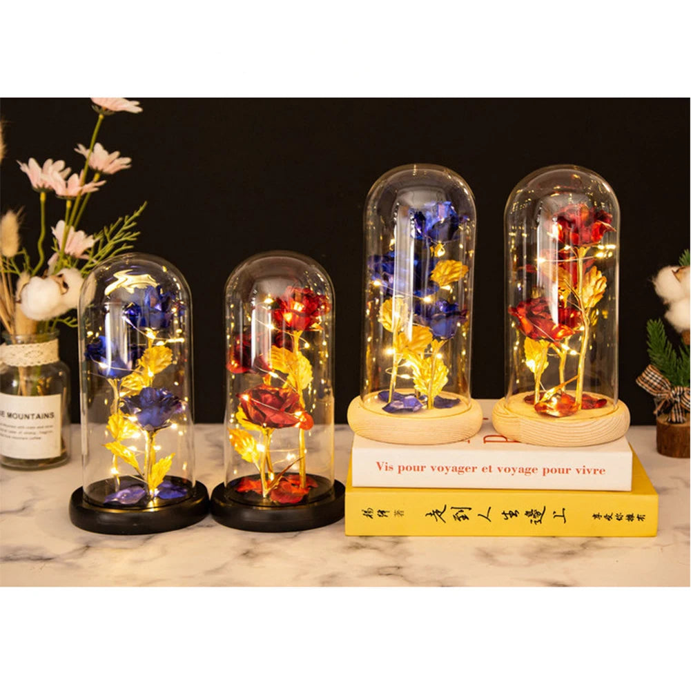 Artificial Flowers 3 Flowers with Gold Leaf Coastal Glass Roses Bright LED Night Light