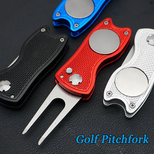 Stainless Steel Golf Divot Repair Switchblade Tool – Magnetic Pitchfork & Groove Cleaner for Greens Maintenance