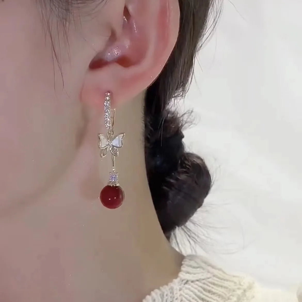 Elegant Red Zircon Butterfly Drop Earrings for Women
