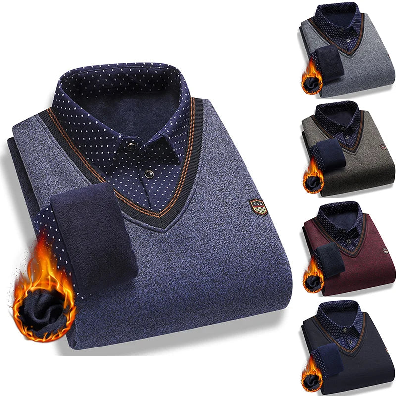 Men’s Plush Knitted Fake Two-Piece Sweater