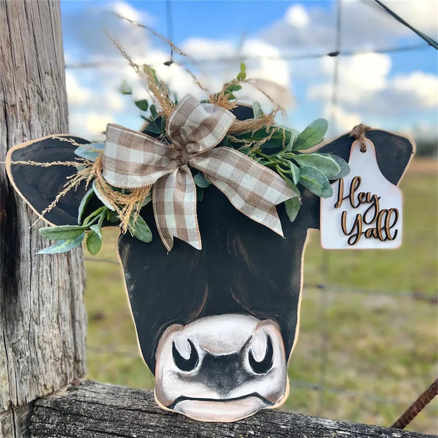 Welcome Farmhouse Cow Head Door Wreath Sign