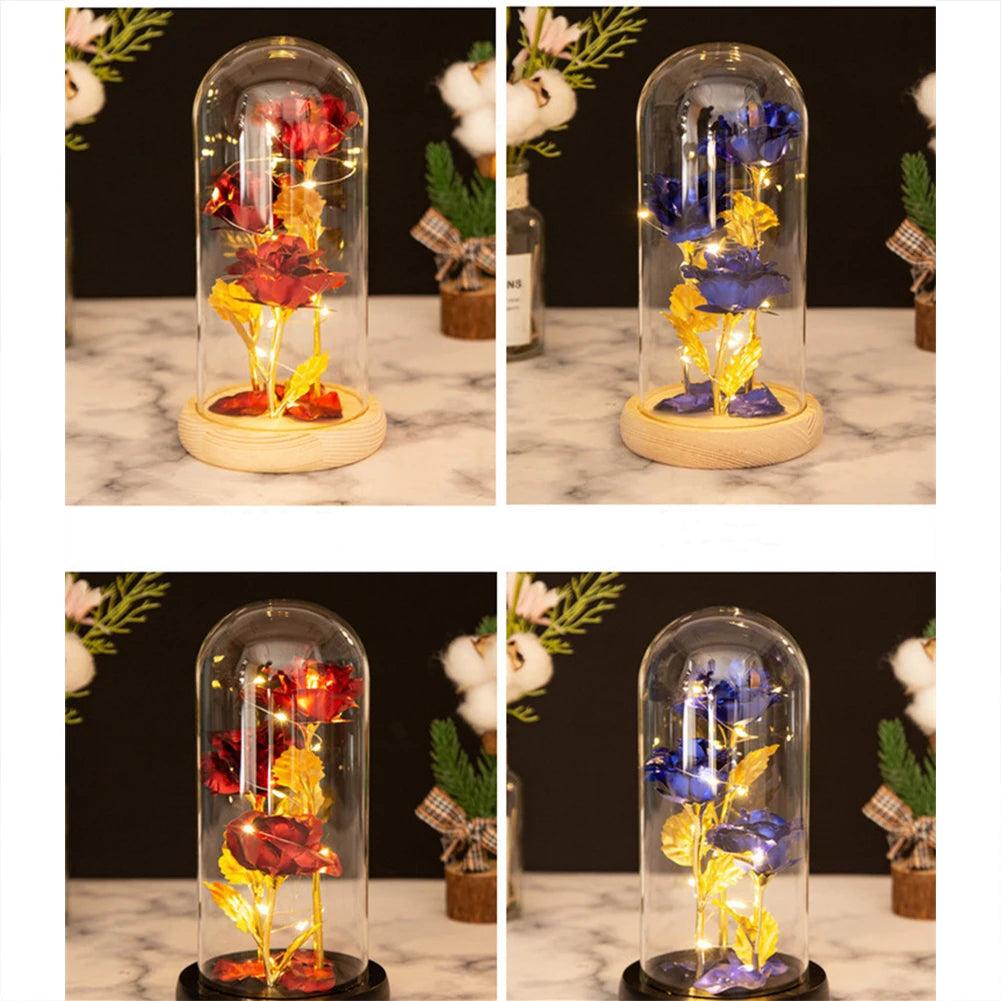 Artificial Flowers 3 Flowers with Gold Leaf Coastal Glass Roses Bright LED Night Light