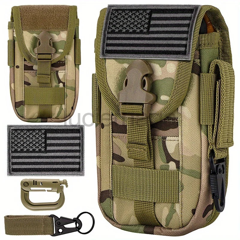 LUC Tactical MOLLE Pouch with US Flag Patch – Belt Waist Bag for 6.7" Cell Phone, D-Ring, & Gear Clip