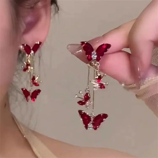 Elegant Red Zircon Butterfly Drop Earrings for Women