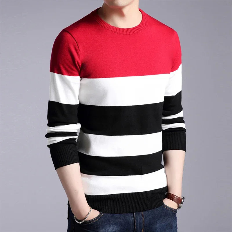 New Men's Casual Striped Long-Sleeved Knitted Shirt