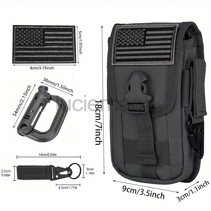 LUC Tactical MOLLE Pouch with US Flag Patch – Belt Waist Bag for 6.7" Cell Phone, D-Ring, & Gear Clip