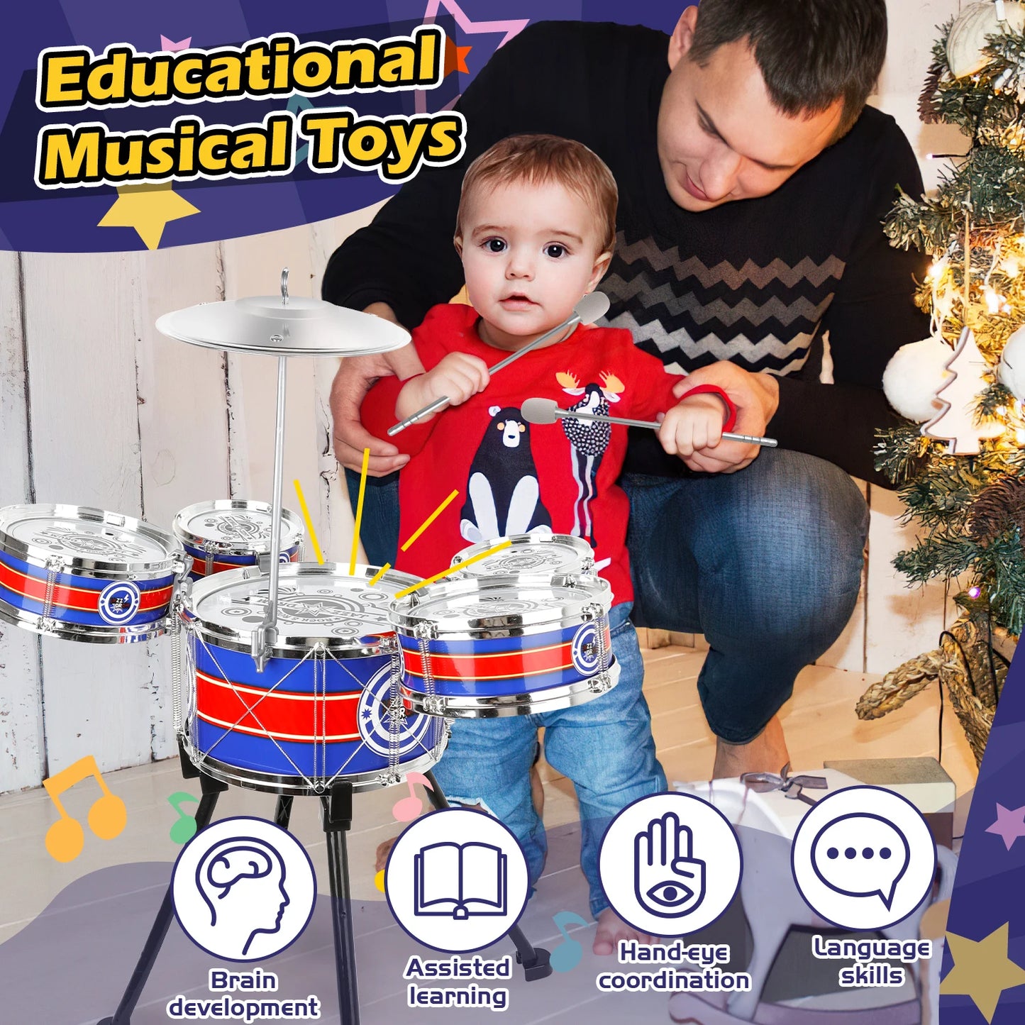 Jazz Drum Set for Children Beginners with Stool & 5 Drums