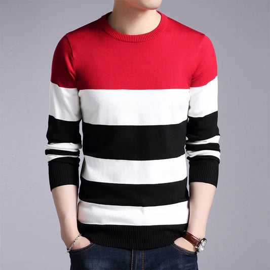 New Men's Casual Striped Long-Sleeved Knitted Shirt