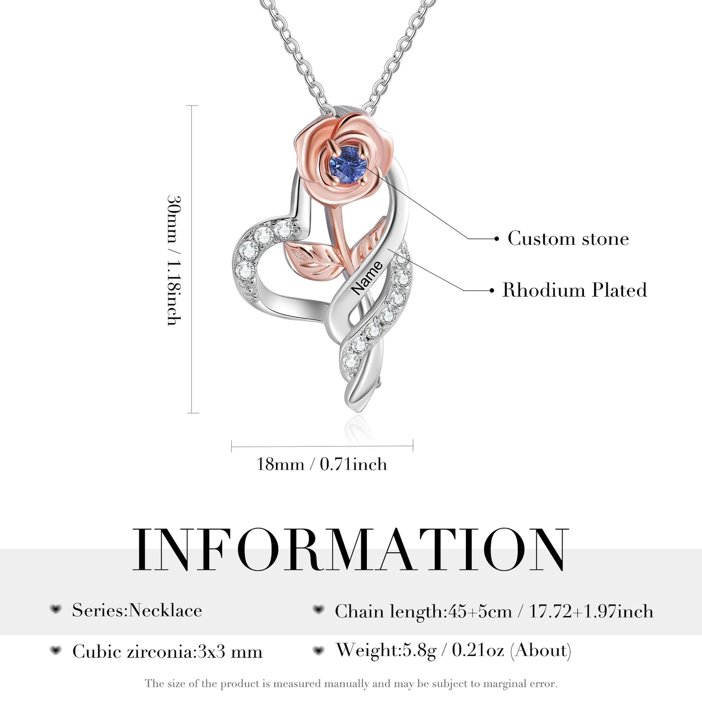 Personalized Rose Flower Pendant with Birthstone