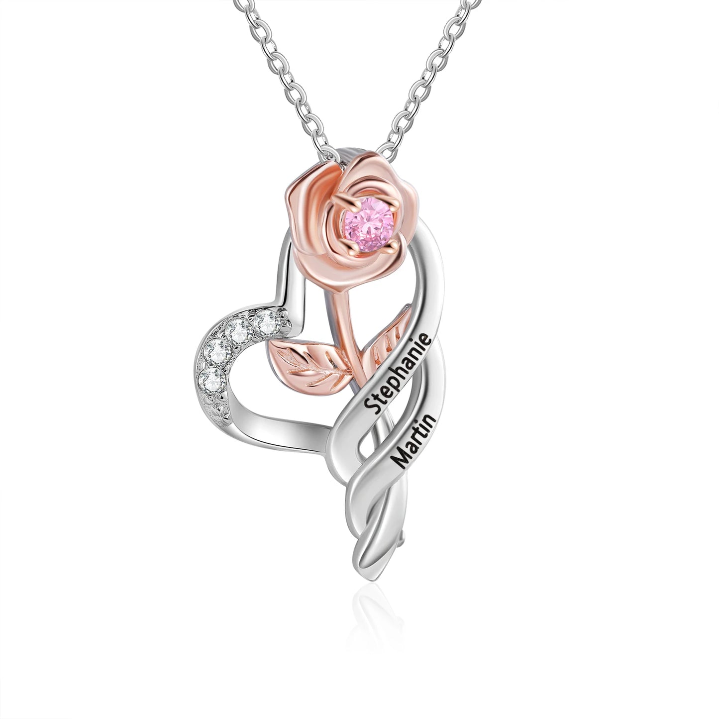 Personalized Rose Flower Pendant with Birthstone